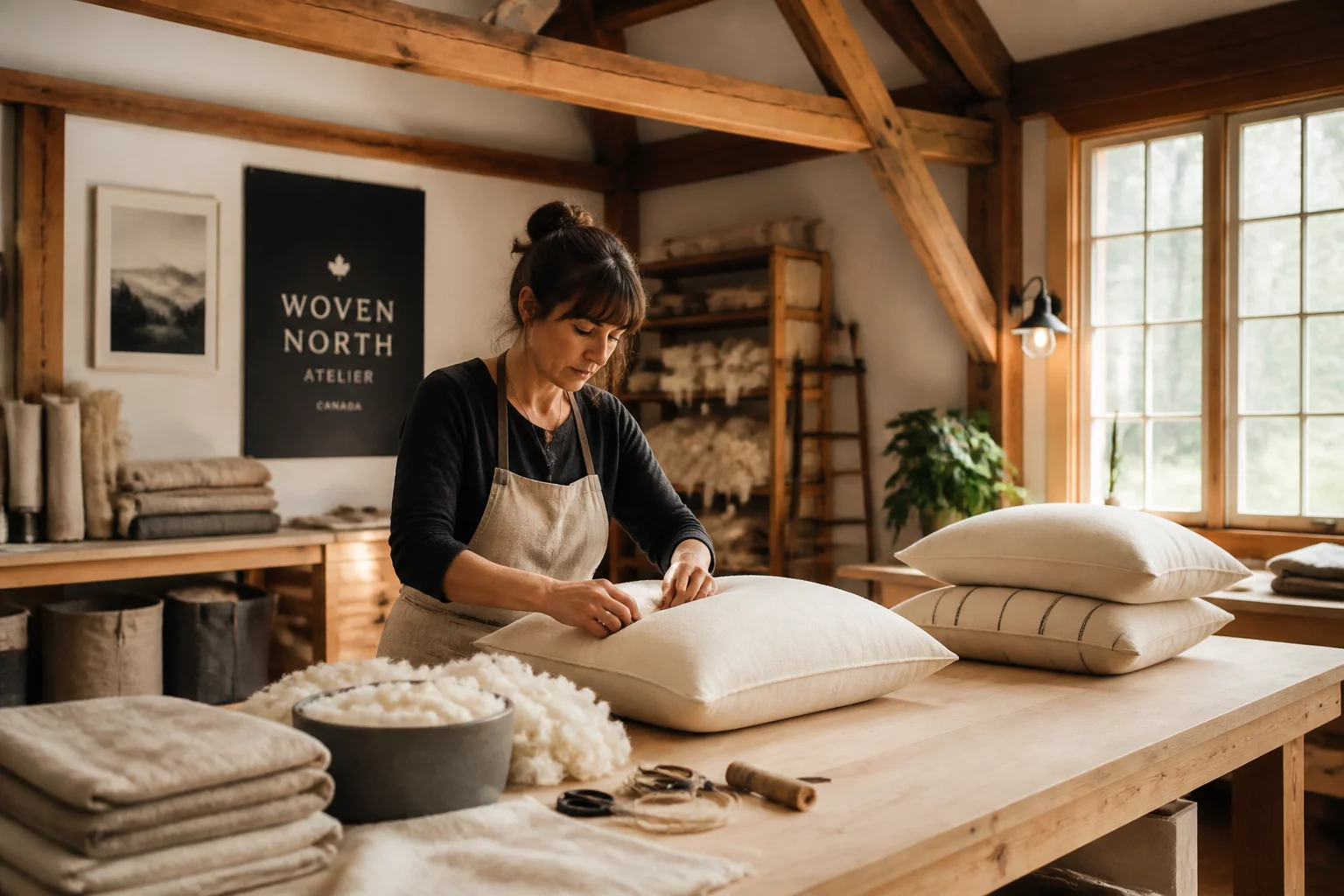 Artisan handcrafting natural pillows in Canadian workshop