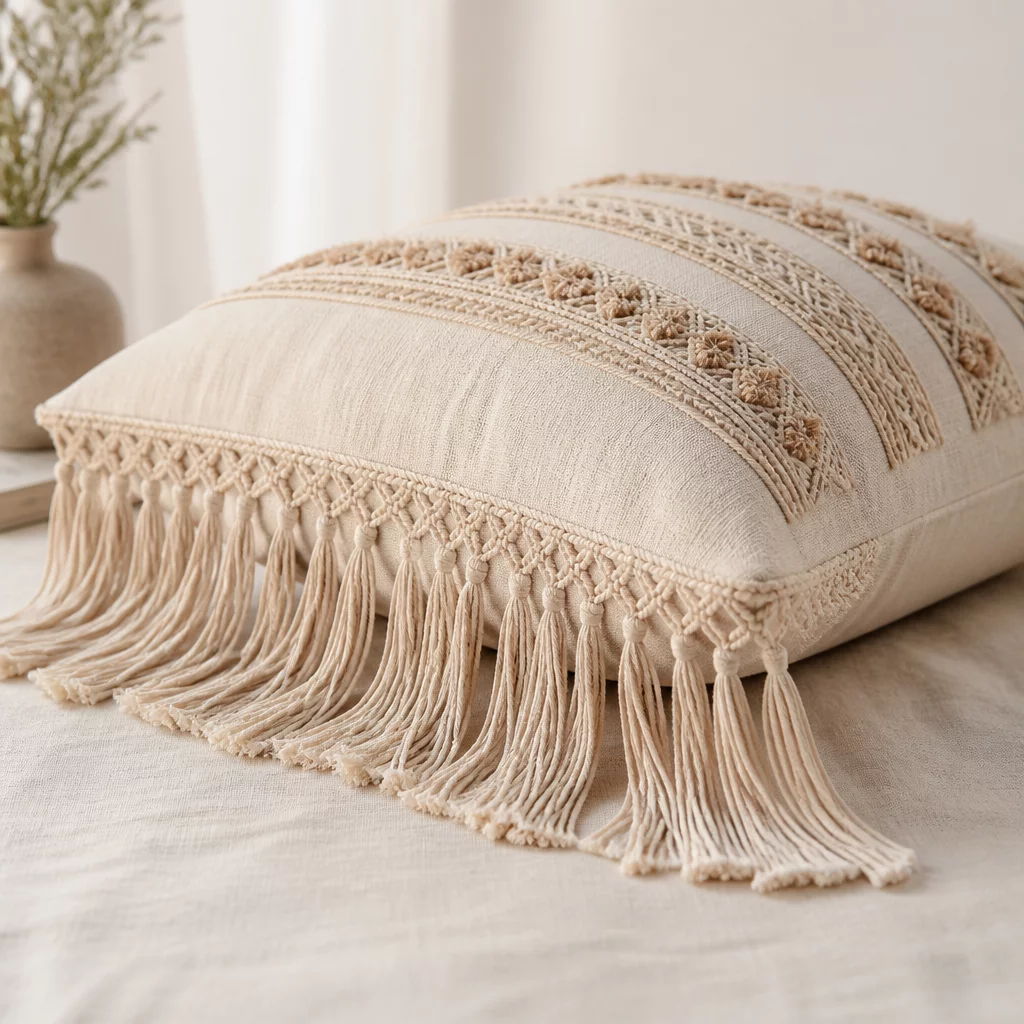 Boho Fringed Decor Pillow side perspective