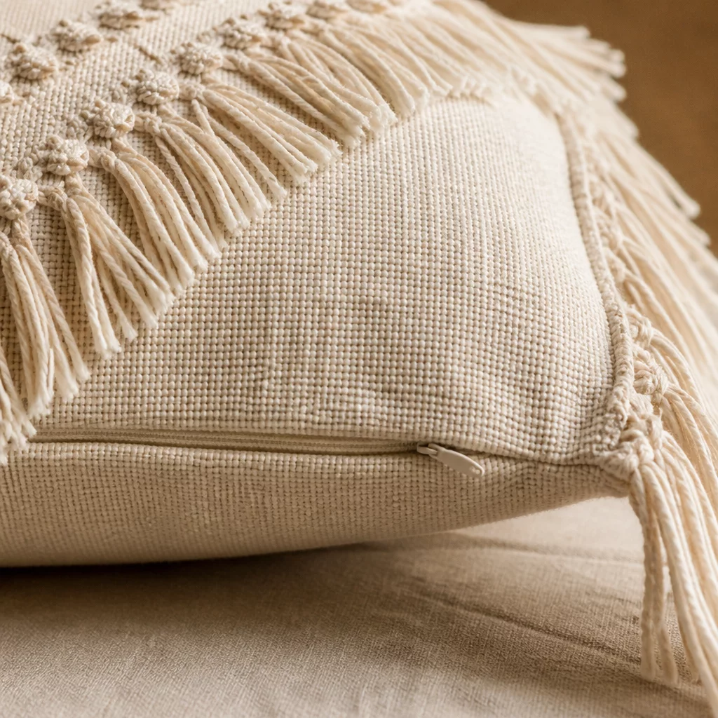 Boho Fringed Decor Pillow woven fabric detail