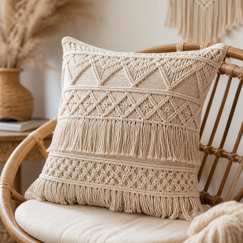 Boho Fringed Decor Pillow featuring tactile fringes and neutral textured fabric