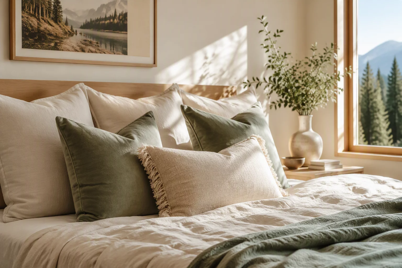 Curated collection of soft pillows on a warm styled bed