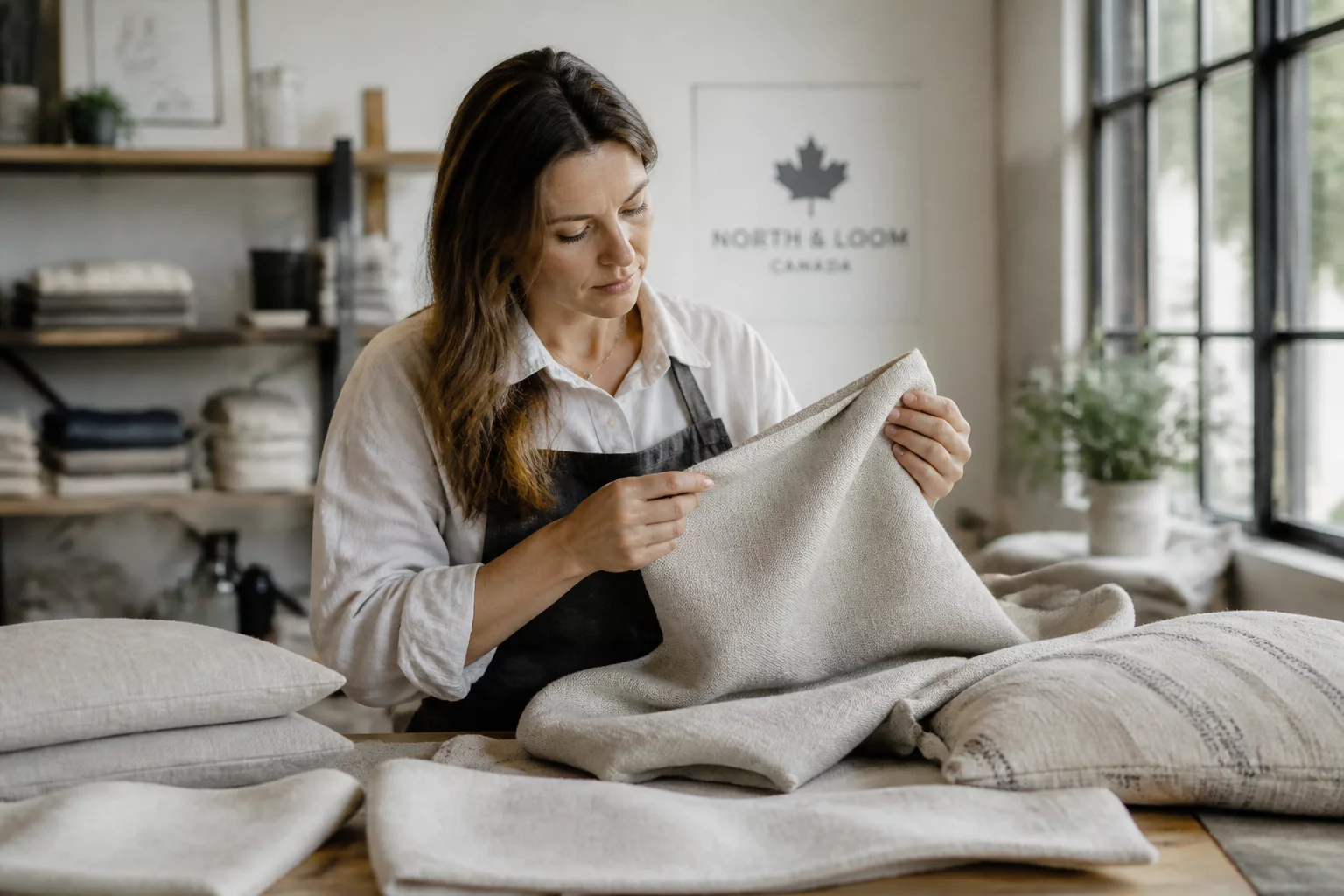 Master tailor examining organic cotton and Belgian linen weave